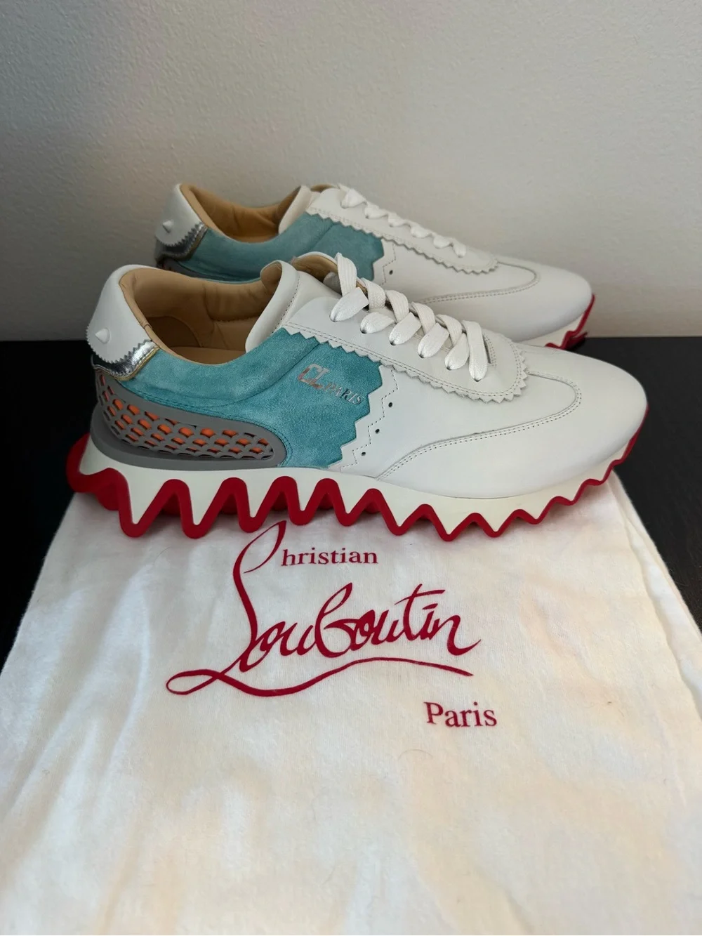 Christian Louboutin Men’s Loubishark CL Paris Sneakers White Turquoise Red (42)